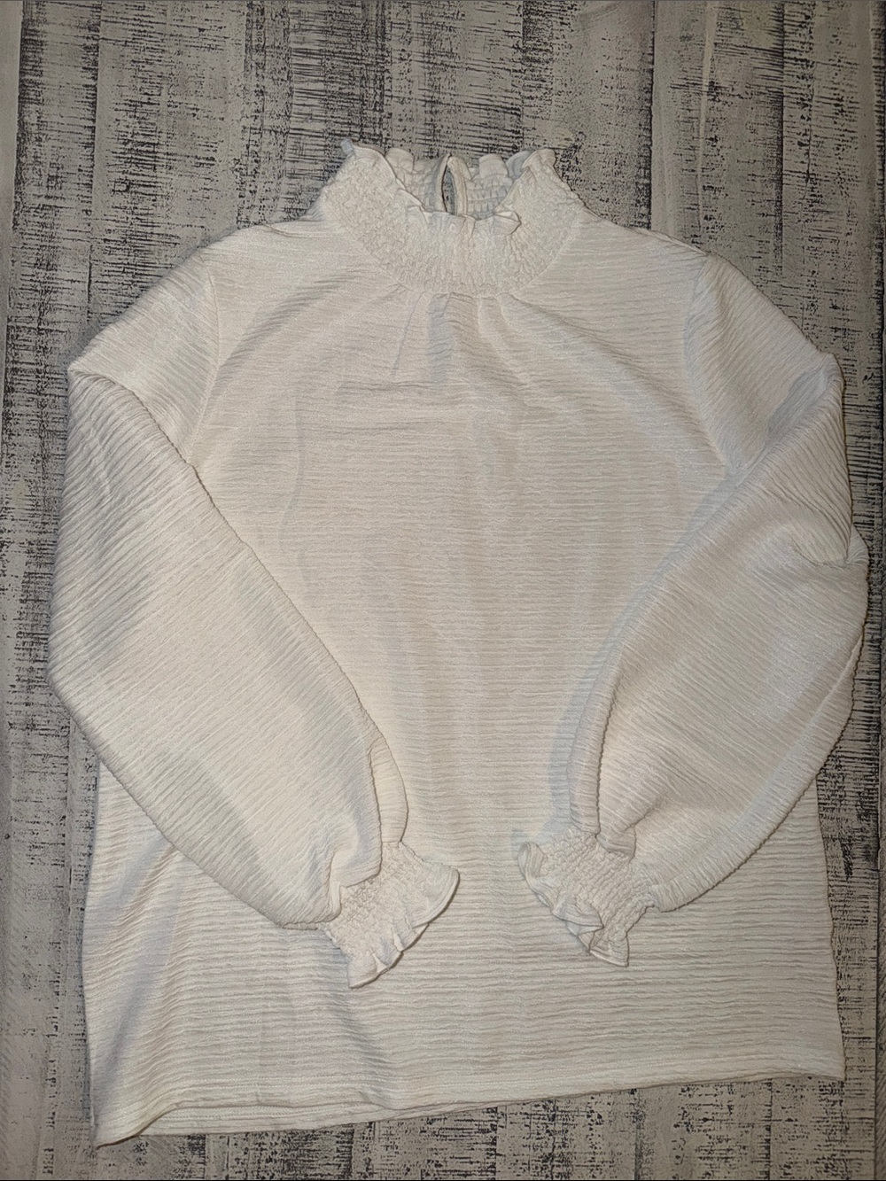 White Smocked Neck Long Sleeve Top